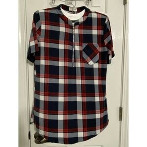 Womens Short Sleeve Tunic XL Red White Navy Plaid Zip Front NEW